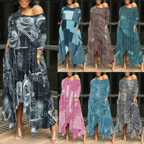 1 Piece Custom Casual Print 3/4 Sleeve Sloping Shoulders Maxi Dress