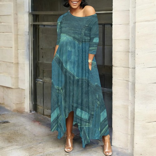 1 Piece Custom Casual Print 3/4 Sleeve Sloping Shoulders Maxi Dress