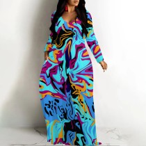 1 Piece Custom Casual Print V Neck Long Sleeve Maxi Dresses