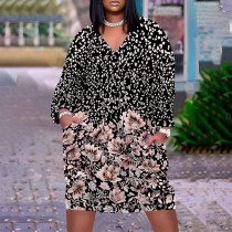 1 Piece Custom Casual Print V Neck Long Sleeve Plus Size Midi Dress