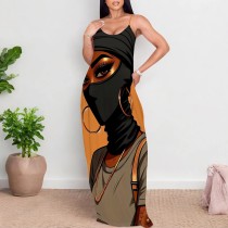 Casual Digital Printing Straps V Neck Long Dresses