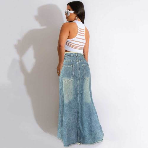 Pocket Distressed Ripped Straight Loose Denim Long Skirt