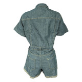 Washed Denim Lapel Single Breasted Button Up Rompers
