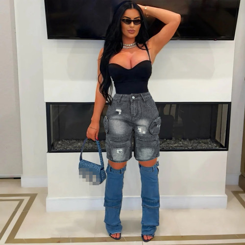 Washed Pocket Ripped Denim Shorts Jean