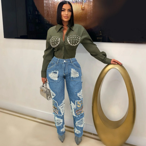 Washed Pocket Workwear Ripped Embroidered Straight Jeans