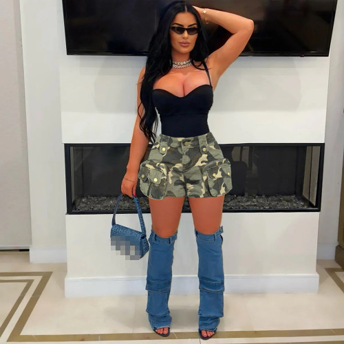 Washed Pocket Camouflage Denim Shorts