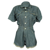 Washed Denim Lapel Single Breasted Button Up Rompers