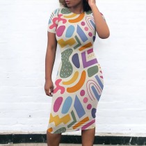 Casual Digital Printing Short Sleeve O Neck Midi  Dresses