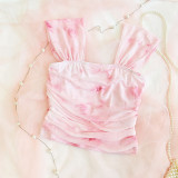 Teen Girl Elegant & Flower Print Pleated Square Neck Camisole Top