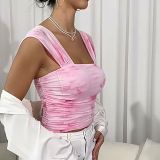 Teen Girl Elegant & Flower Print Pleated Square Neck Camisole Top