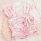Teen Girl Elegant & Flower Print Pleated Square Neck Camisole Top
