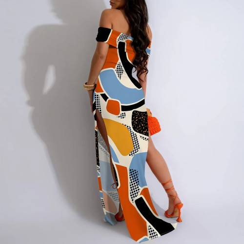 Casual Digital Printing Off Shoulder Slit Long Dresses