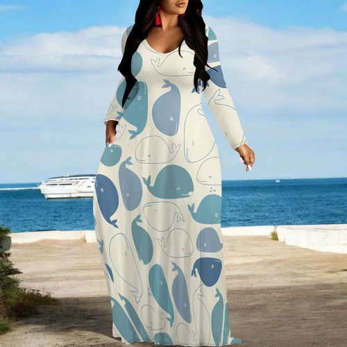 Casual Digital Printing Long Sleeve V Neck Maxi Dresses