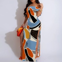 Casual Digital Printing Off Shoulder Slit Long Dresses