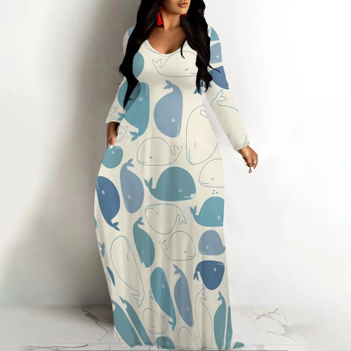 Casual Digital Printing Long Sleeve V Neck Maxi Dresses