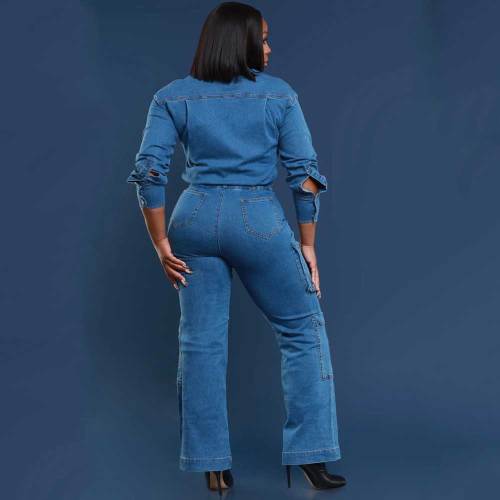 Loose Elastic Washed Long Sleeve Workwear Denim Jumpsuit