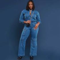 Loose Elastic Washed Long Sleeve Workwear Denim Jumpsuit