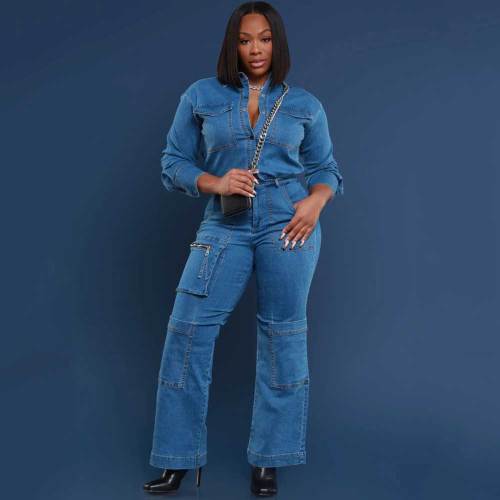 Loose Elastic Washed Long Sleeve Workwear Denim Jumpsuit