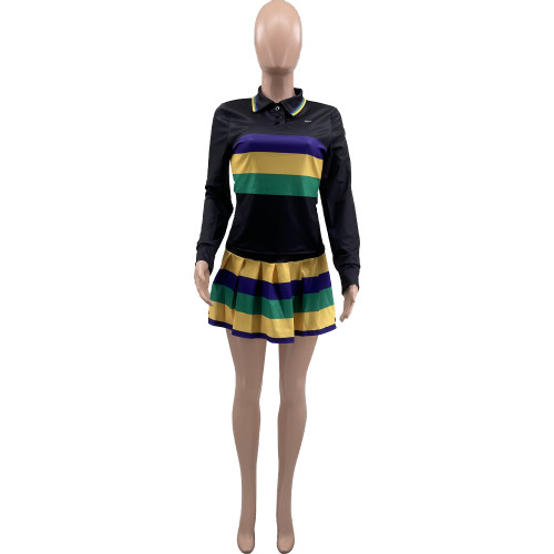 Casual Sports Striped Positioning Print Pleated Skirt Two-piece Set