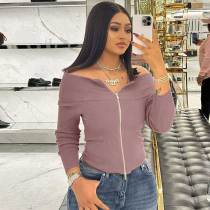 Solid Color Off Shoulder Zip-up Sexy Slim Top