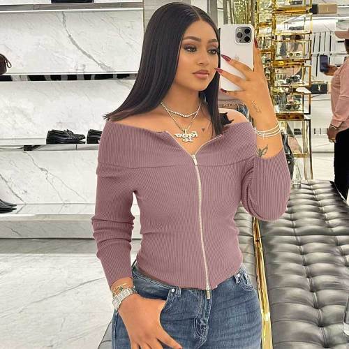 Solid Color Off Shoulder Zip-up Sexy Slim Top
