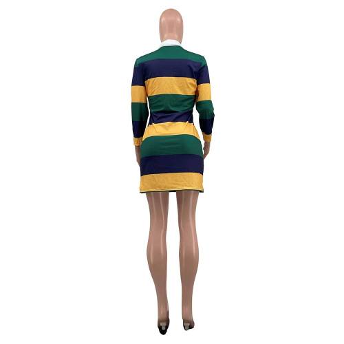 Fashion Pocket Stripe Positioning Print POLO Mini Dresses