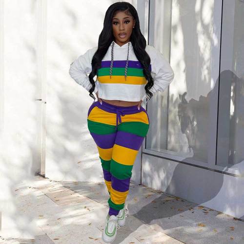 Fashion New Women Long Sleeves Hooded Striped Print Patchwork Sporty Pants Set