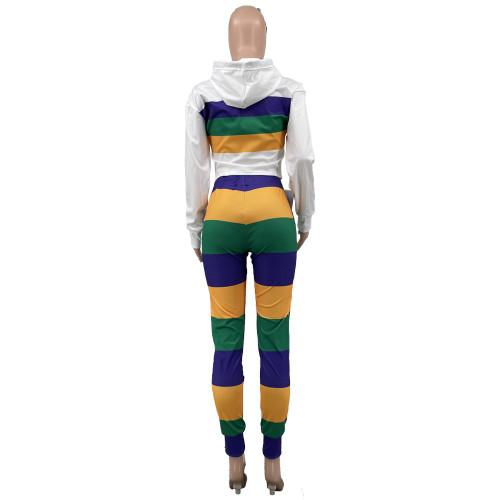 Fashion New Women Long Sleeves Hooded Striped Print Patchwork Sporty Pants Set