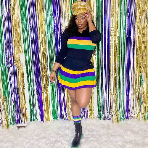 Casual Sports Striped Positioning Print Pleated Skirt Two-piece Set