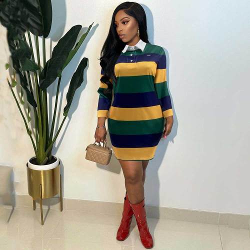 Fashion Pocket Stripe Positioning Print POLO Mini Dresses
