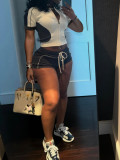 Women Color Block Zipper Crop Sweatshirt Short Bodycon Set