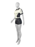 Women Color Block Zipper Crop Sweatshirt Short Bodycon Set
