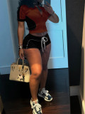 Women Color Block Zipper Crop Sweatshirt Short Bodycon Set