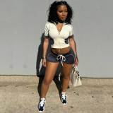 Women Color Block Zipper Crop Sweatshirt Short Bodycon Set