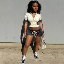 Women Color Block Zipper Crop Sweatshirt Short Bodycon Set