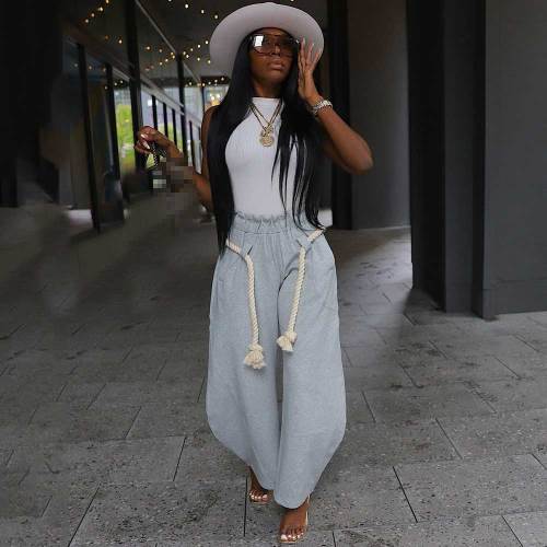 Women Straight Pants Hemp Rope Trousers Pants with Pockets