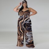 1 Piece Custom Casual Print V Neck Straps Wide Leg Jumpsuits with Headscarf