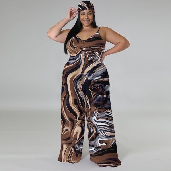 1 Piece Custom Casual Print V Neck Straps Wide Leg Jumpsuits with Headscarf