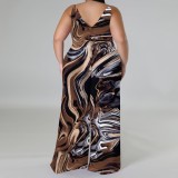 1 Piece Custom Casual Print V Neck Straps Wide Leg Jumpsuits with Headscarf