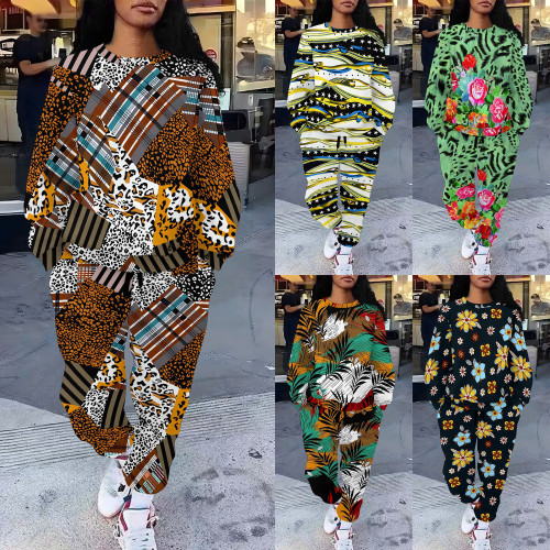 1 Piece Custom Casual Print Pockets O Neck Sweatshirt Pant Set