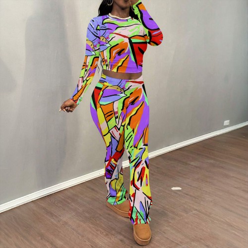 1 Piece Custom Casual Print O Neck Sweatshirt Pant Set