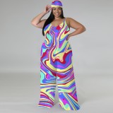 1 Piece Custom Casual Print V Neck Straps Wide Leg Jumpsuits with Headscarf