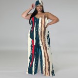 1 Piece Custom Casual Print V Neck Straps Wide Leg Jumpsuits with Headscarf