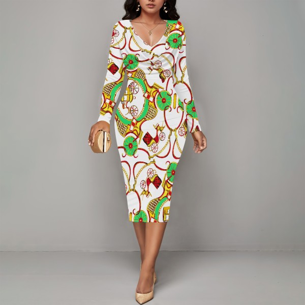 1 Piece Custom Casual Print V Neck Midi Dresses
