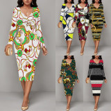 1 Piece Custom Casual Print V Neck Midi Dresses