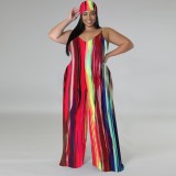 1 Piece Custom Casual Print V Neck Straps Wide Leg Jumpsuits with Headscarf