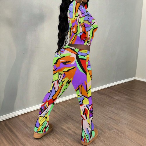 1 Piece Custom Casual Print O Neck Sweatshirt Pant Set