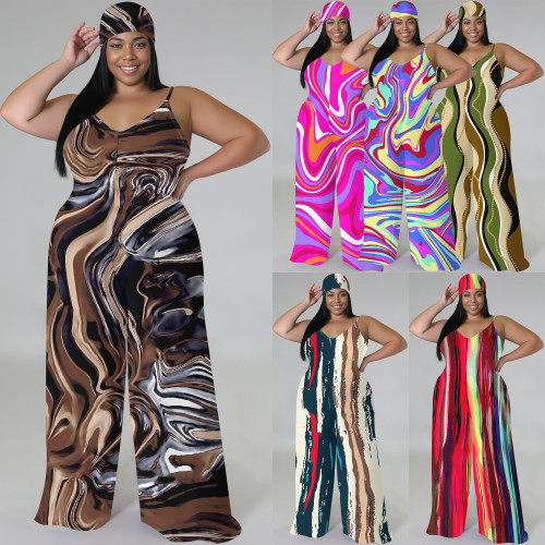 1 Piece Custom Casual Print V Neck Straps Wide Leg Jumpsuits with Headscarf
