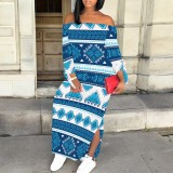 1 Piece Custom Casual Print Off The Shoulder Split Long Dress