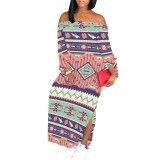 1 Piece Custom Casual Print Off The Shoulder Split Long Dress